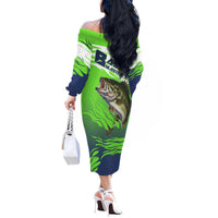 Bass Master Fishing Off The Shoulder Long Sleeve Dress with Jumping Largemouth Bass and Green Wave Pattern - Wonder Print Shop