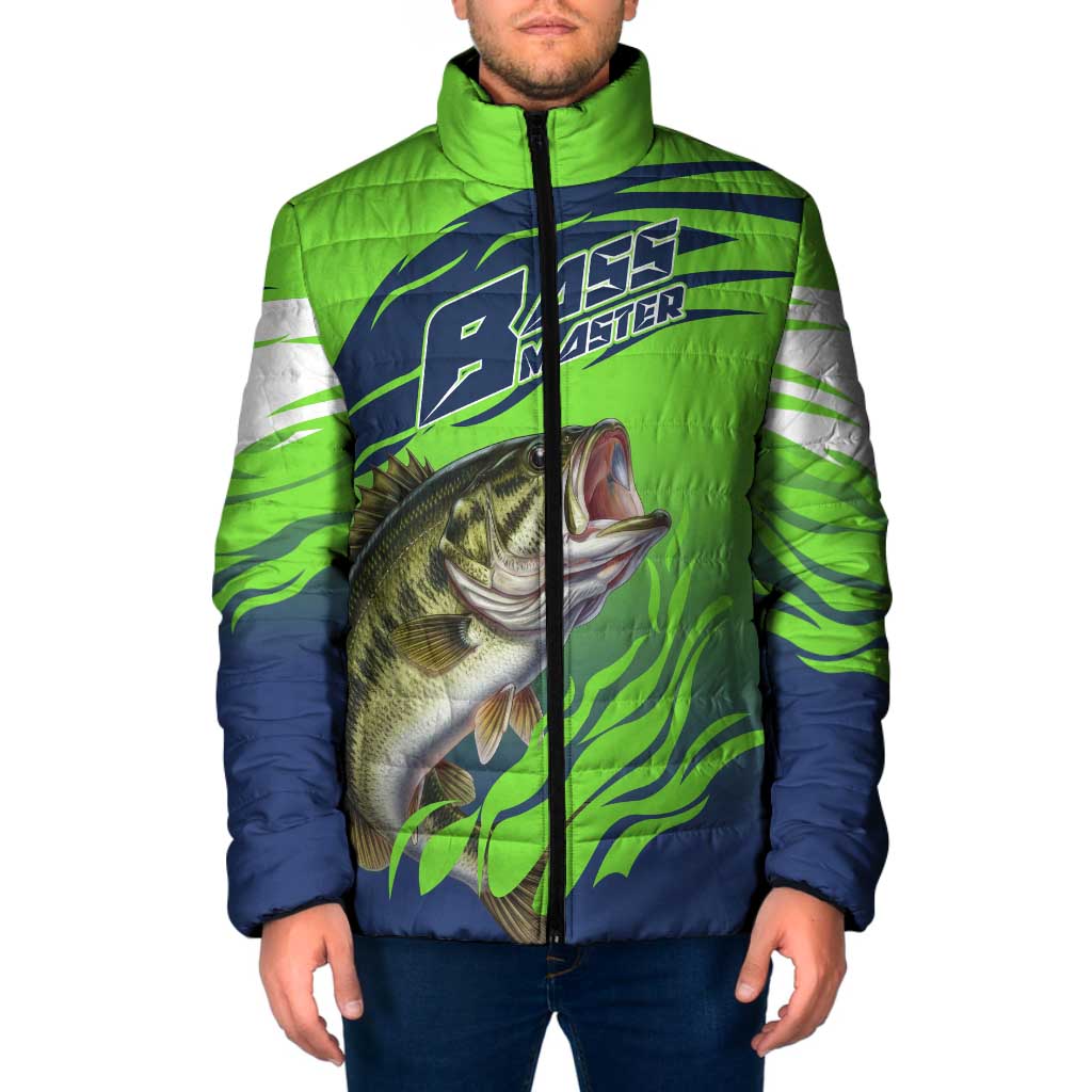 Bass Master Fishing Padded Jacket with Jumping Largemouth Bass and Green Wave Pattern - Wonder Print Shop