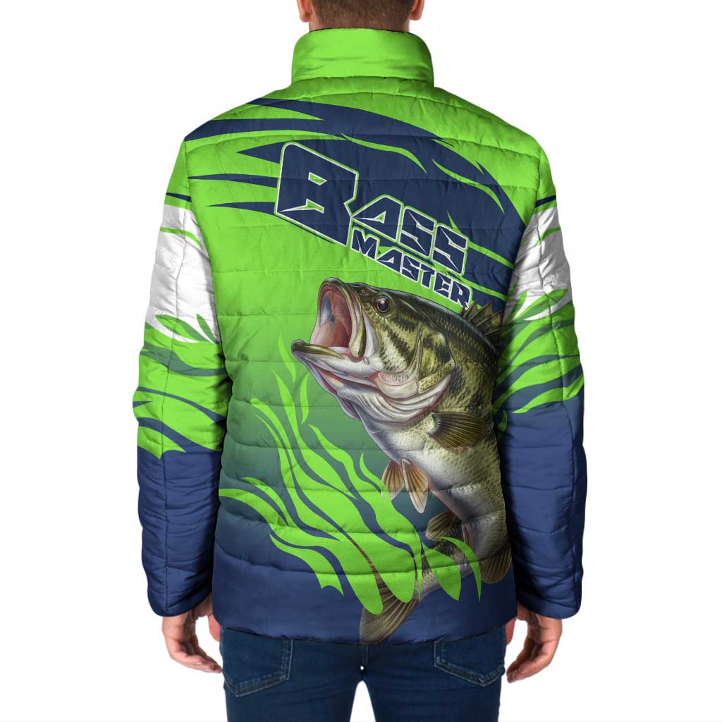 Bass Master Fishing Padded Jacket with Jumping Largemouth Bass and Green Wave Pattern - Wonder Print Shop
