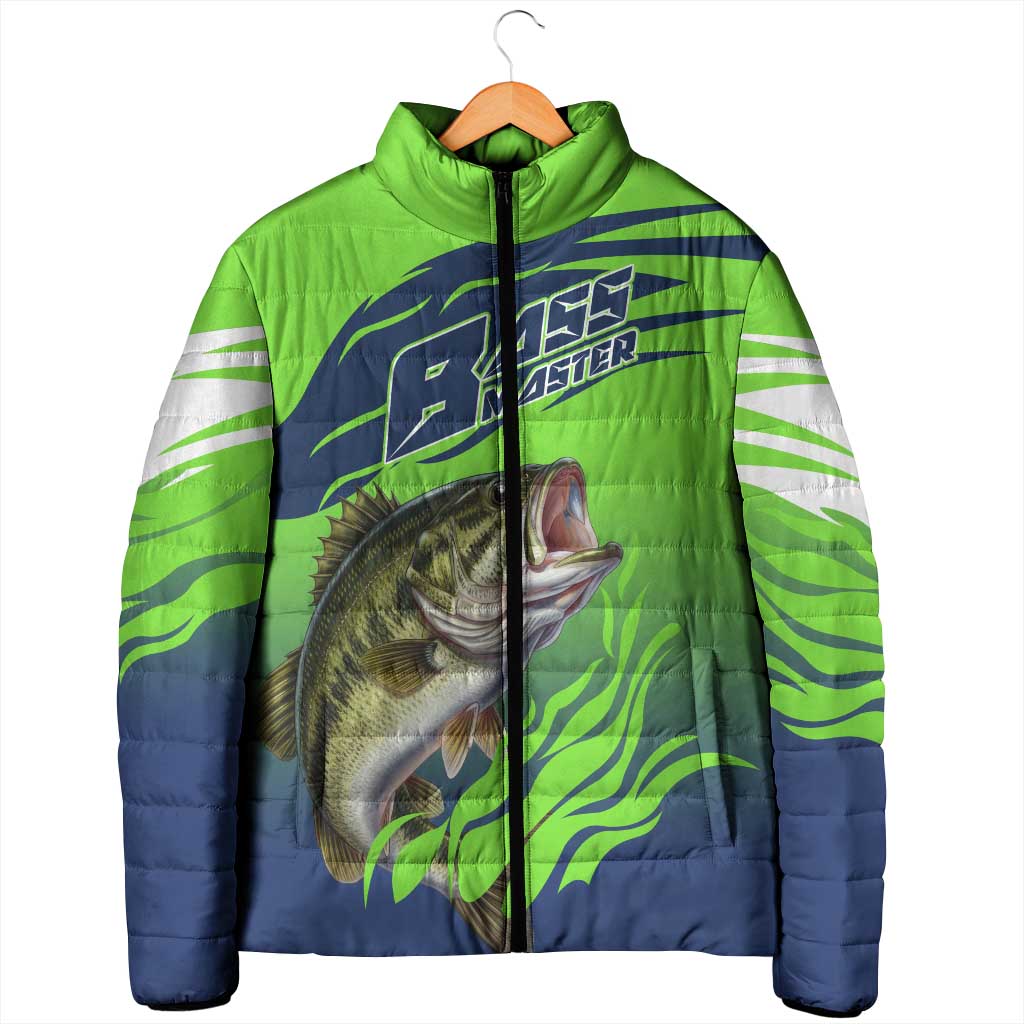 Bass Master Fishing Padded Jacket with Jumping Largemouth Bass and Green Wave Pattern - Wonder Print Shop