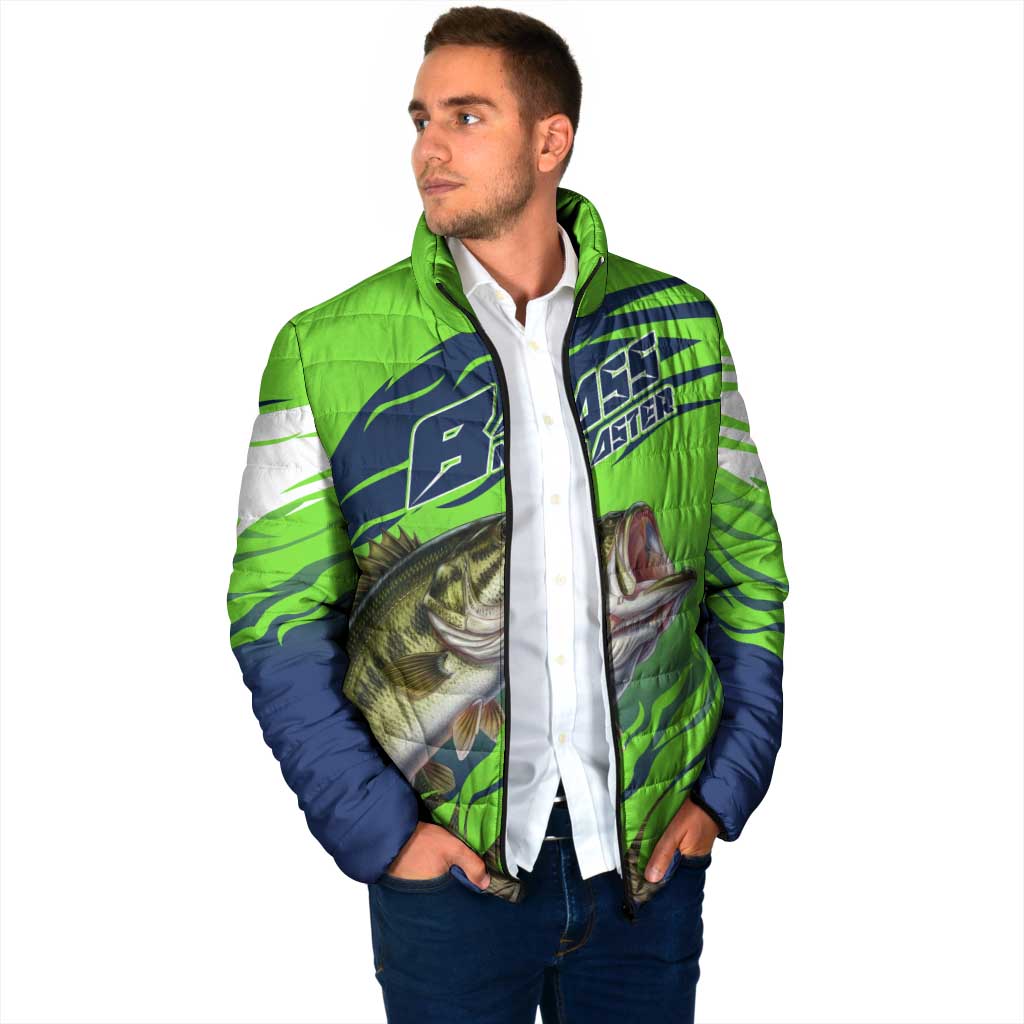 Bass Master Fishing Padded Jacket with Jumping Largemouth Bass and Green Wave Pattern - Wonder Print Shop
