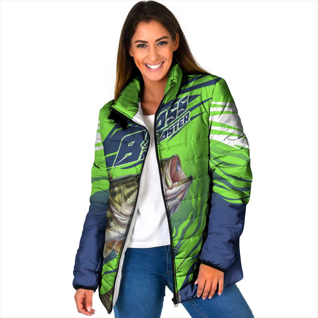 Bass Master Fishing Padded Jacket with Jumping Largemouth Bass and Green Wave Pattern - Wonder Print Shop