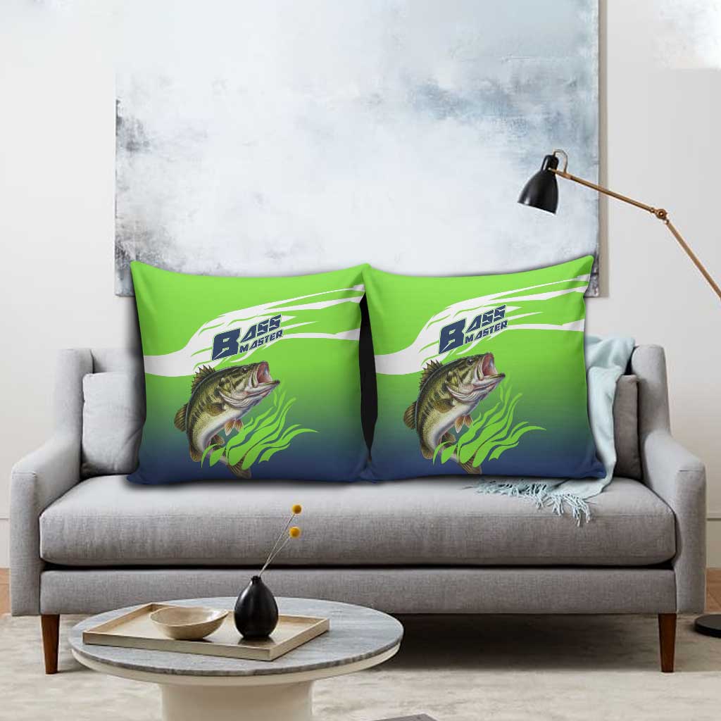 Bass Master Fishing Pillow Cover with Jumping Largemouth Bass and Green Wave Pattern - Wonder Print Shop
