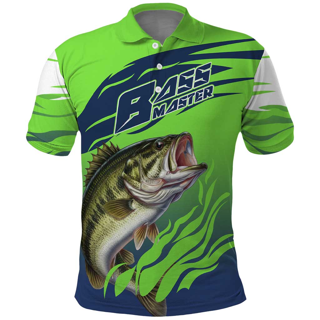 Bass Master Fishing Polo Shirt with Jumping Largemouth Bass and Green Wave Pattern - Wonder Print Shop