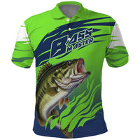 Bass Master Fishing Polo Shirt with Jumping Largemouth Bass and Green Wave Pattern - Wonder Print Shop