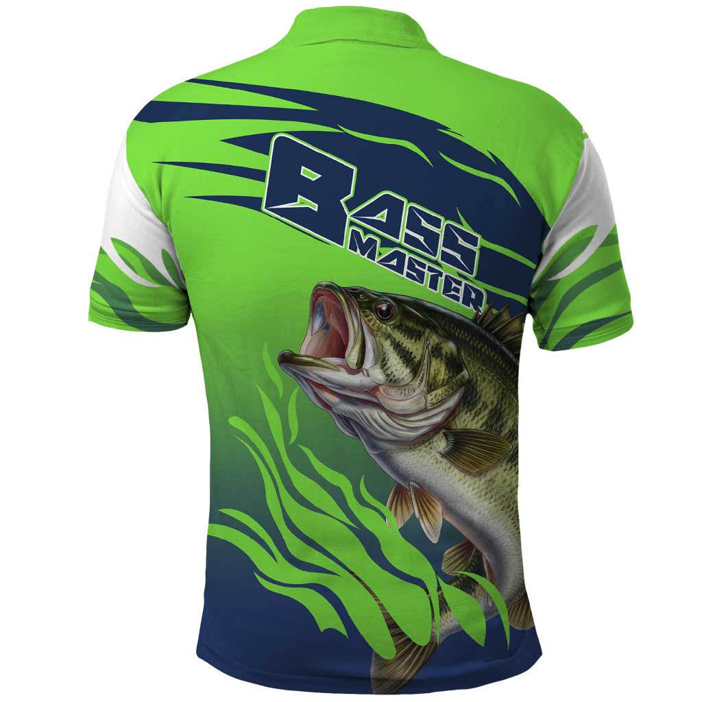 Bass Master Fishing Polo Shirt with Jumping Largemouth Bass and Green Wave Pattern - Wonder Print Shop