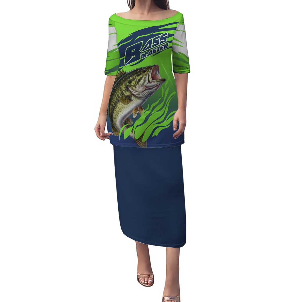 Bass Master Fishing Puletasi with Jumping Largemouth Bass and Green Wave Pattern - Wonder Print Shop