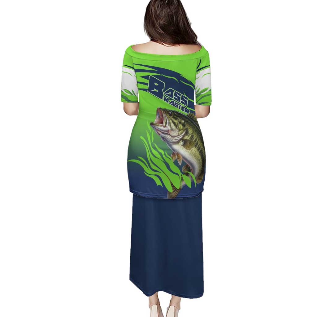 Bass Master Fishing Puletasi with Jumping Largemouth Bass and Green Wave Pattern - Wonder Print Shop