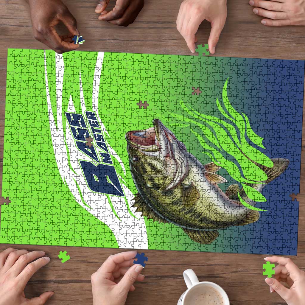 Bass Master Fishing Puzzle with Jumping Largemouth Bass and Green Wave Pattern - Wonder Print Shop