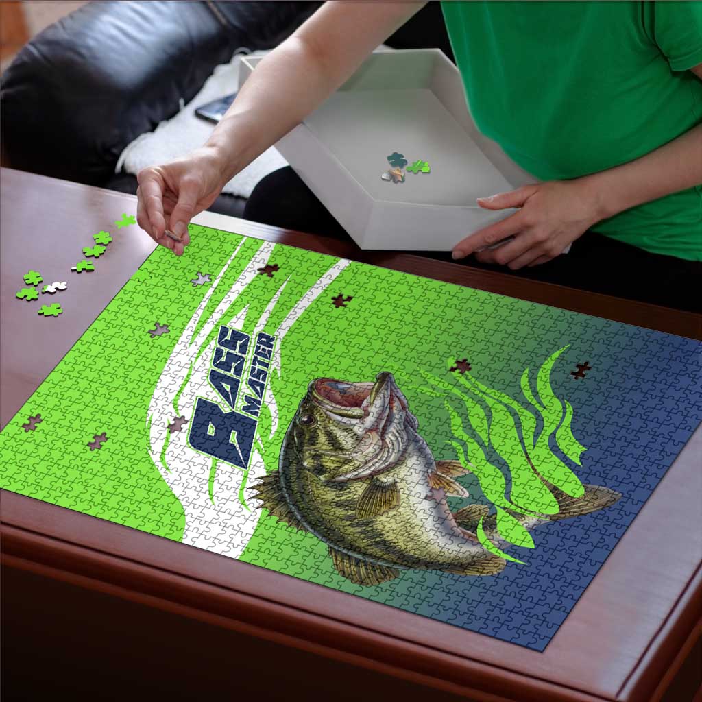Bass Master Fishing Puzzle with Jumping Largemouth Bass and Green Wave Pattern - Wonder Print Shop