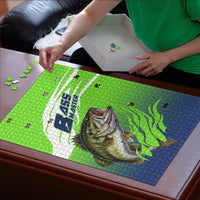 Bass Master Fishing Puzzle with Jumping Largemouth Bass and Green Wave Pattern - Wonder Print Shop