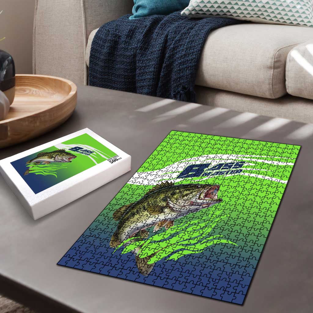 Bass Master Fishing Puzzle with Jumping Largemouth Bass and Green Wave Pattern - Wonder Print Shop