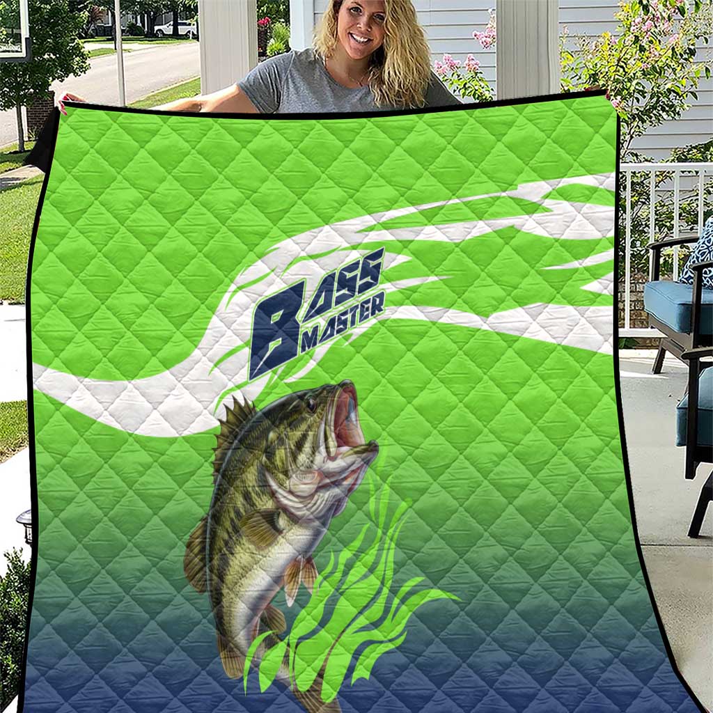 Bass Master Fishing Quilt with Jumping Largemouth Bass and Green Wave Pattern - Wonder Print Shop