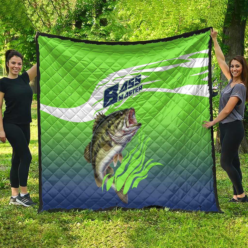 Bass Master Fishing Quilt with Jumping Largemouth Bass and Green Wave Pattern - Wonder Print Shop
