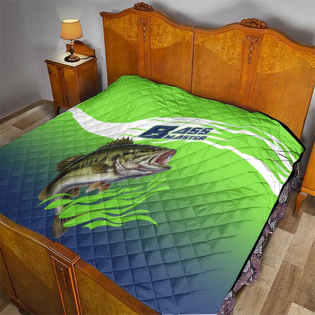 Bass Master Fishing Quilt with Jumping Largemouth Bass and Green Wave Pattern - Wonder Print Shop