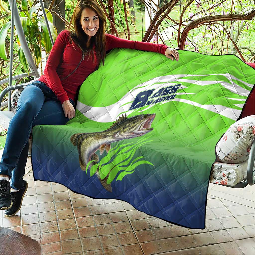 Bass Master Fishing Quilt with Jumping Largemouth Bass and Green Wave Pattern - Wonder Print Shop