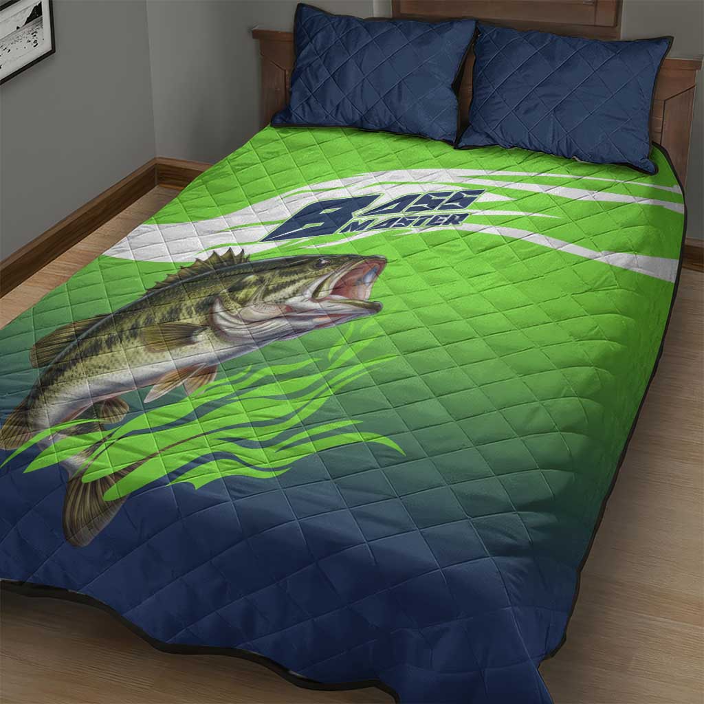 Bass Master Fishing Quilt Bed Set with Jumping Largemouth Bass and Green Wave Pattern - Wonder Print Shop