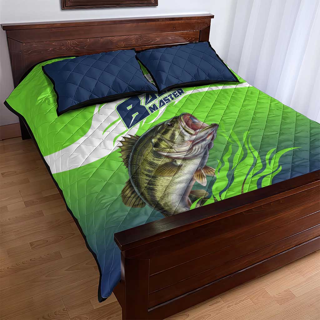 Bass Master Fishing Quilt Bed Set with Jumping Largemouth Bass and Green Wave Pattern - Wonder Print Shop