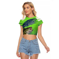 Bass Master Fishing Raglan Cropped T Shirt with Jumping Largemouth Bass and Green Wave Pattern - Wonder Print Shop