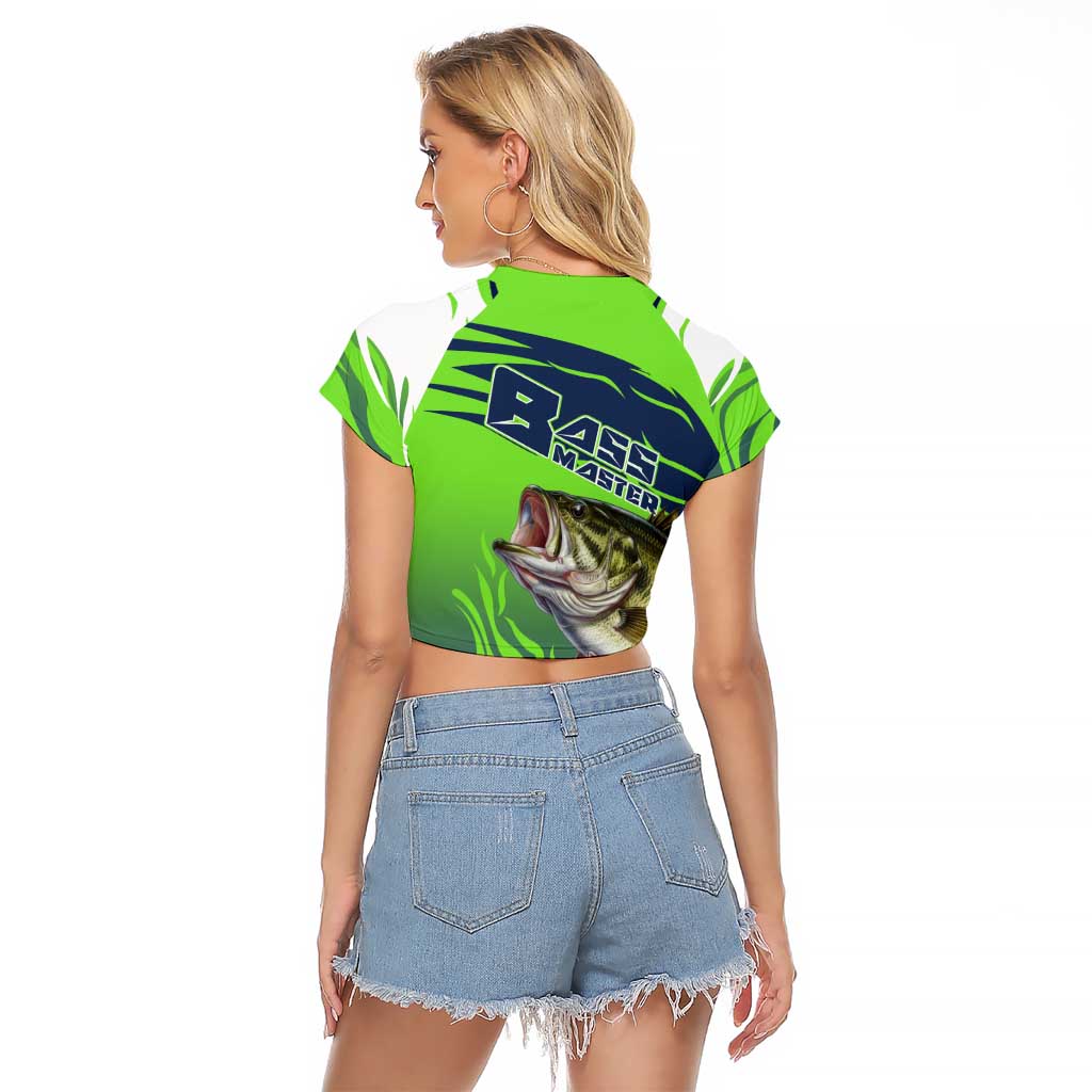 Bass Master Fishing Raglan Cropped T Shirt with Jumping Largemouth Bass and Green Wave Pattern - Wonder Print Shop