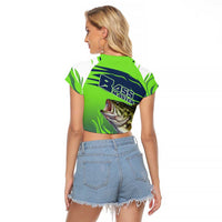 Bass Master Fishing Raglan Cropped T Shirt with Jumping Largemouth Bass and Green Wave Pattern - Wonder Print Shop