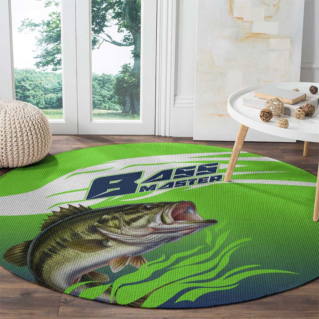 Bass Master Fishing Round Carpet with Jumping Largemouth Bass and Green Wave Pattern - Wonder Print Shop
