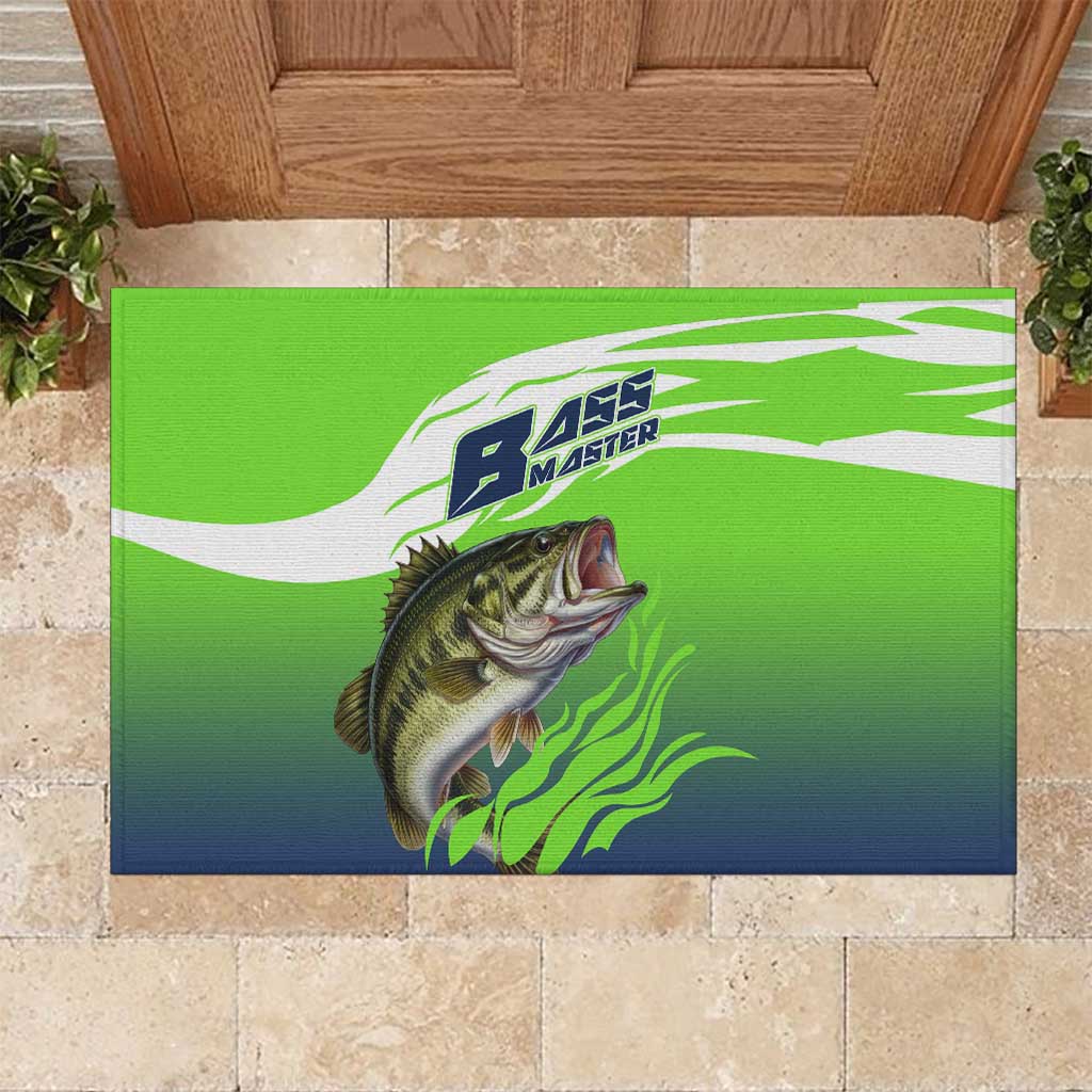 Bass Master Fishing Rubber Doormat with Jumping Largemouth Bass and Green Wave Pattern - Wonder Print Shop