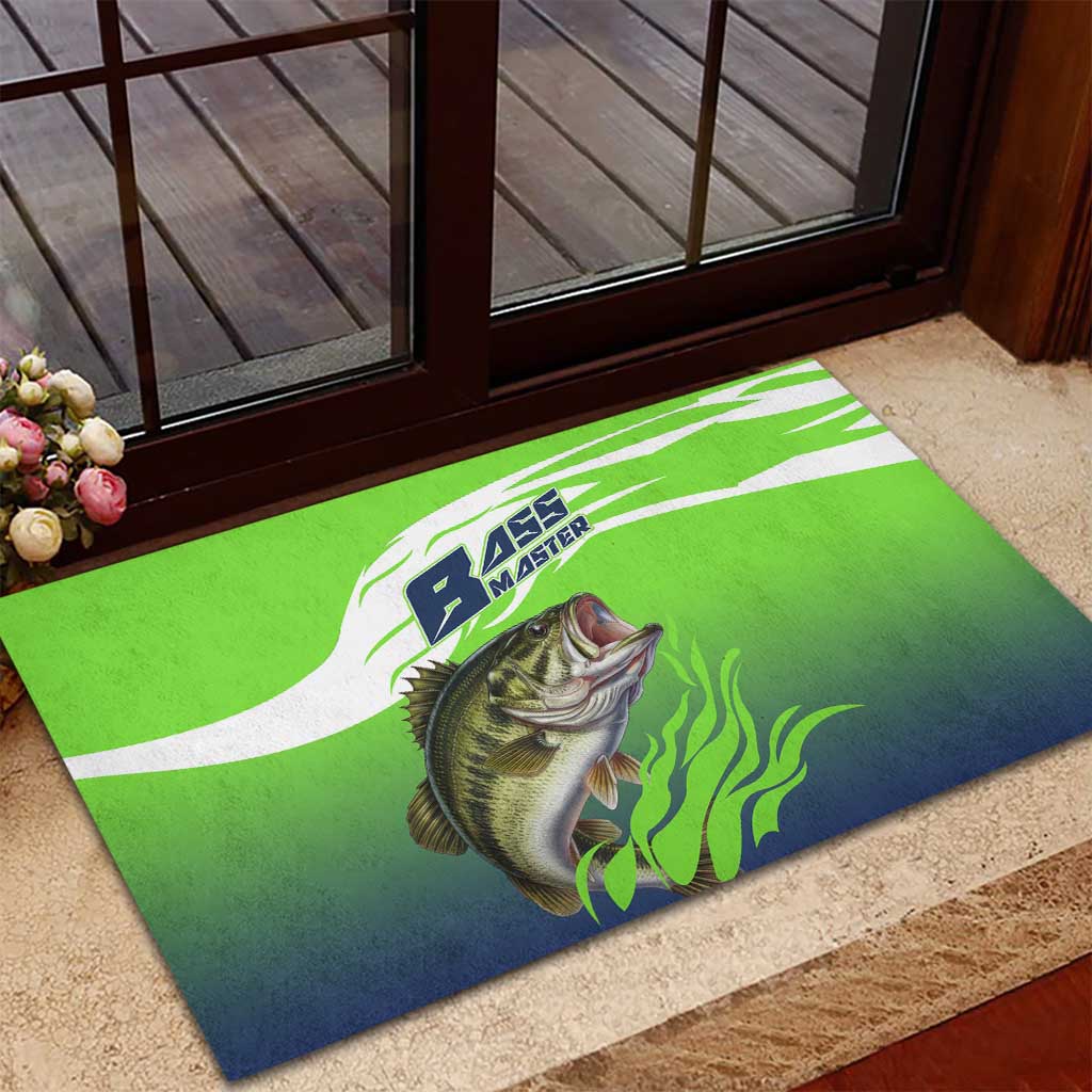 Bass Master Fishing Rubber Doormat with Jumping Largemouth Bass and Green Wave Pattern - Wonder Print Shop