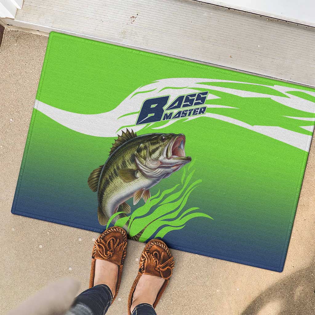 Bass Master Fishing Rubber Doormat with Jumping Largemouth Bass and Green Wave Pattern - Wonder Print Shop