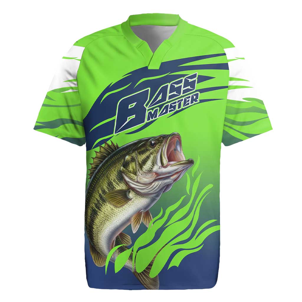 Bass Master Fishing Rugby Jersey with Jumping Largemouth Bass and Green Wave Pattern - Wonder Print Shop