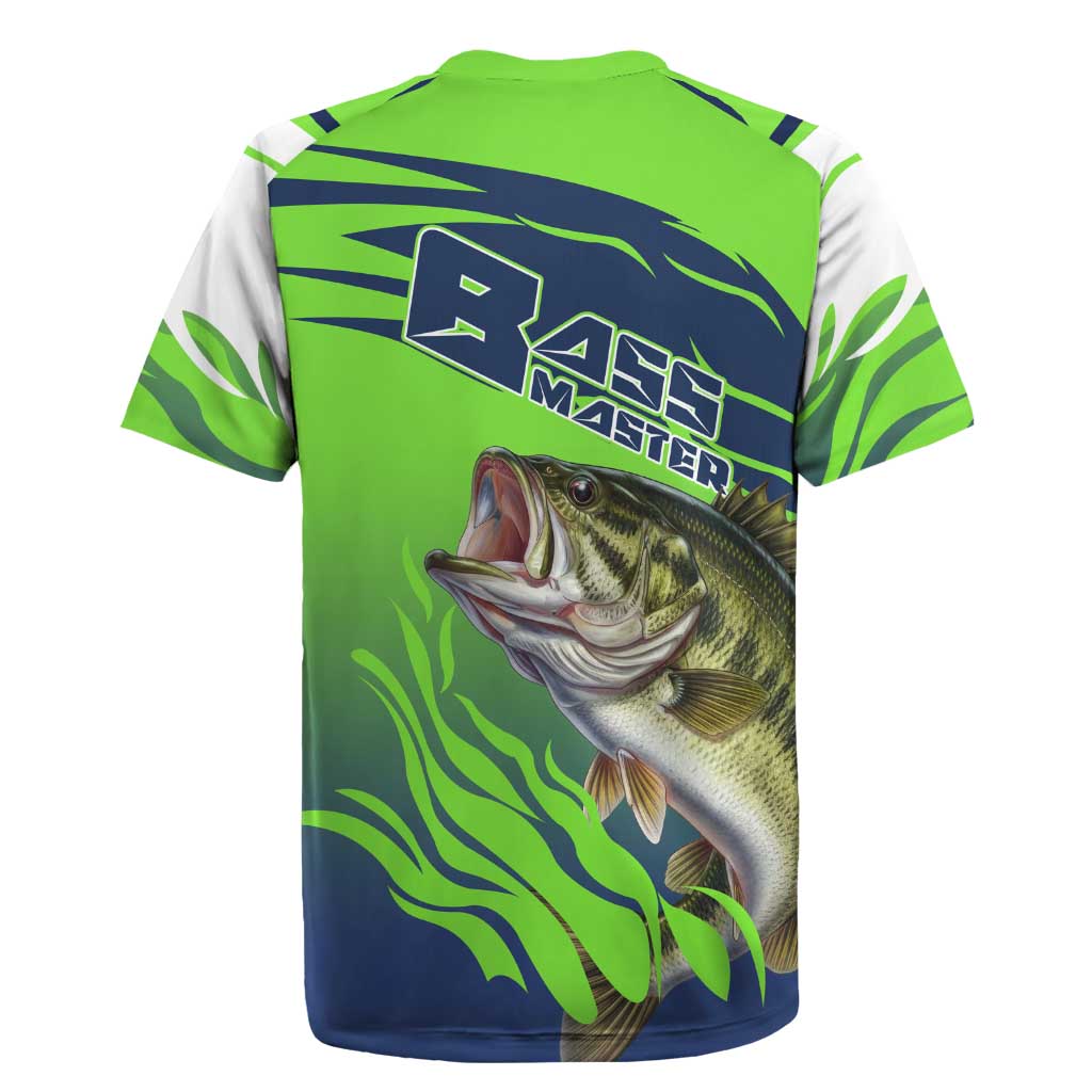 Bass Master Fishing Rugby Jersey with Jumping Largemouth Bass and Green Wave Pattern - Wonder Print Shop