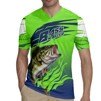Bass Master Fishing Rugby Jersey with Jumping Largemouth Bass and Green Wave Pattern - Wonder Print Shop