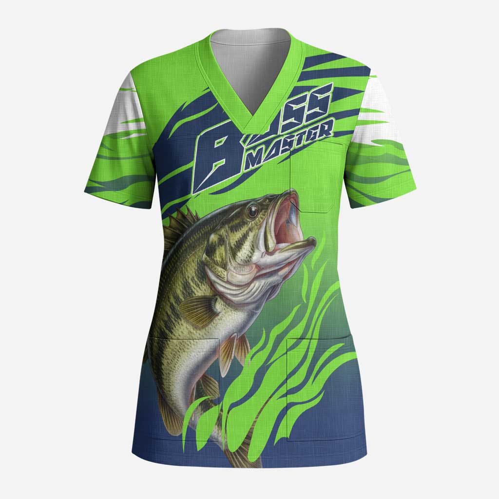 Bass Master Fishing Scrub Top with Jumping Largemouth Bass and Green Wave Pattern - Wonder Print Shop