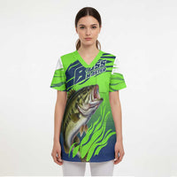 Bass Master Fishing Scrub Top with Jumping Largemouth Bass and Green Wave Pattern - Wonder Print Shop