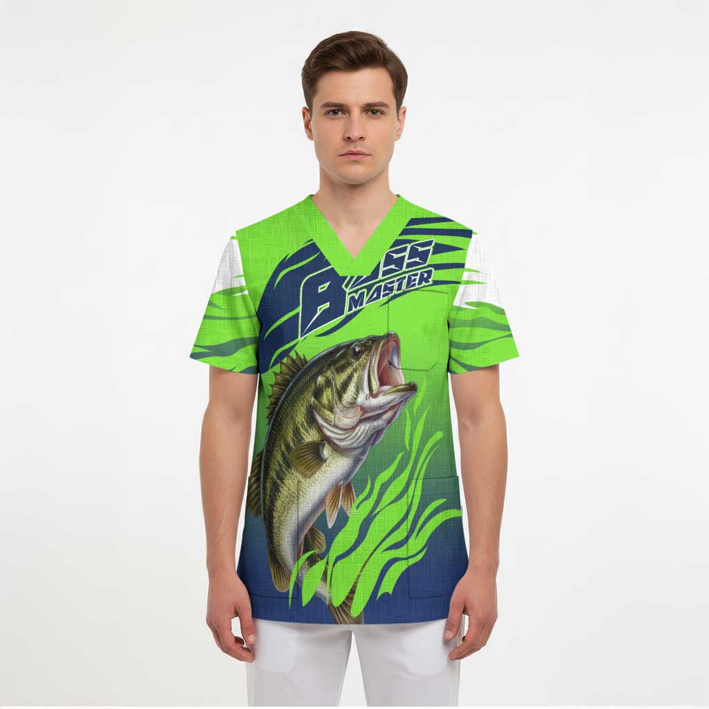 Bass Master Fishing Scrub Top with Jumping Largemouth Bass and Green Wave Pattern - Wonder Print Shop