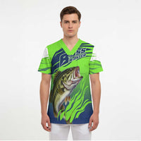 Bass Master Fishing Scrub Top with Jumping Largemouth Bass and Green Wave Pattern - Wonder Print Shop