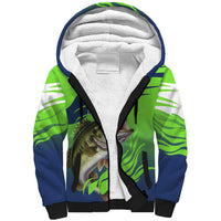 Bass Master Fishing Sherpa Hoodie with Jumping Largemouth Bass and Green Wave Pattern - Wonder Print Shop
