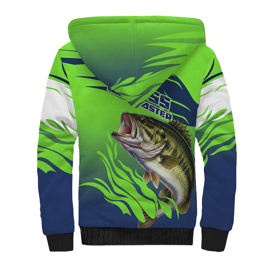 Bass Master Fishing Sherpa Hoodie with Jumping Largemouth Bass and Green Wave Pattern - Wonder Print Shop
