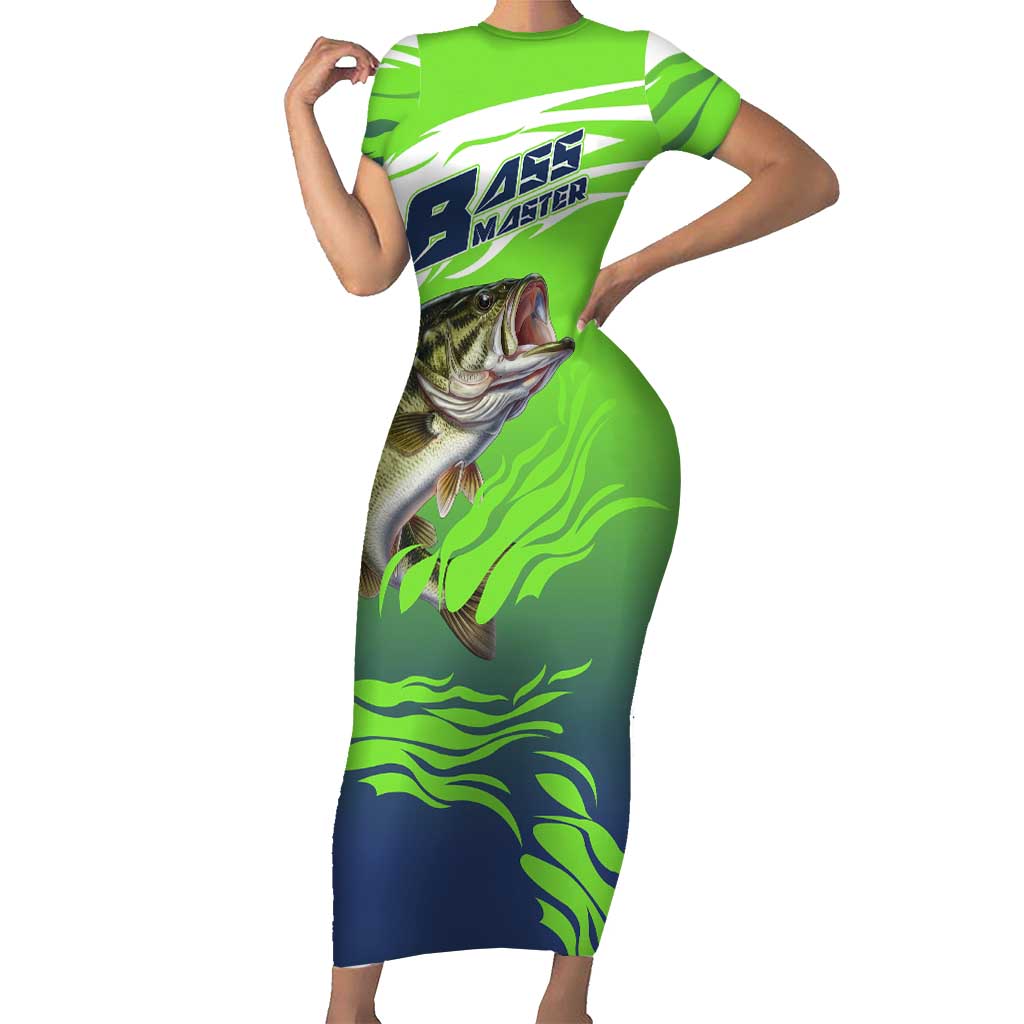 Bass Master Fishing Short Sleeve Bodycon Dress with Jumping Largemouth Bass and Green Wave Pattern - Wonder Print Shop