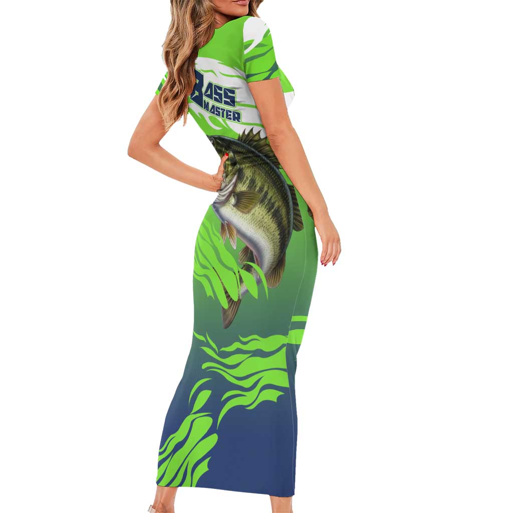 Bass Master Fishing Short Sleeve Bodycon Dress with Jumping Largemouth Bass and Green Wave Pattern - Wonder Print Shop