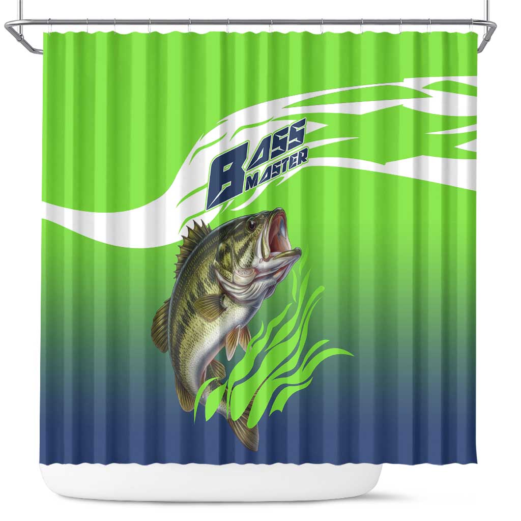 Bass Master Fishing Shower Curtain with Jumping Largemouth Bass and Green Wave Pattern - Wonder Print Shop