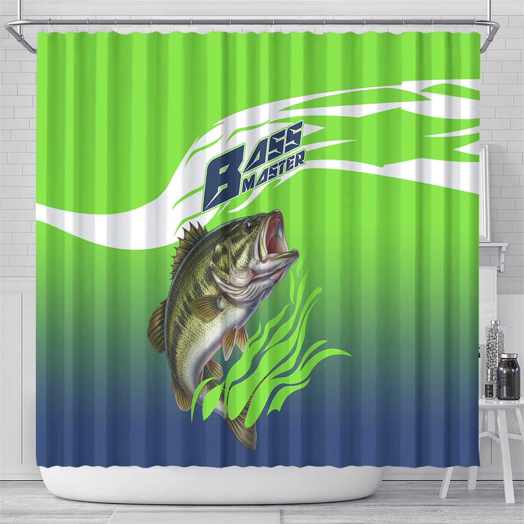 Bass Master Fishing Shower Curtain with Jumping Largemouth Bass and Green Wave Pattern - Wonder Print Shop