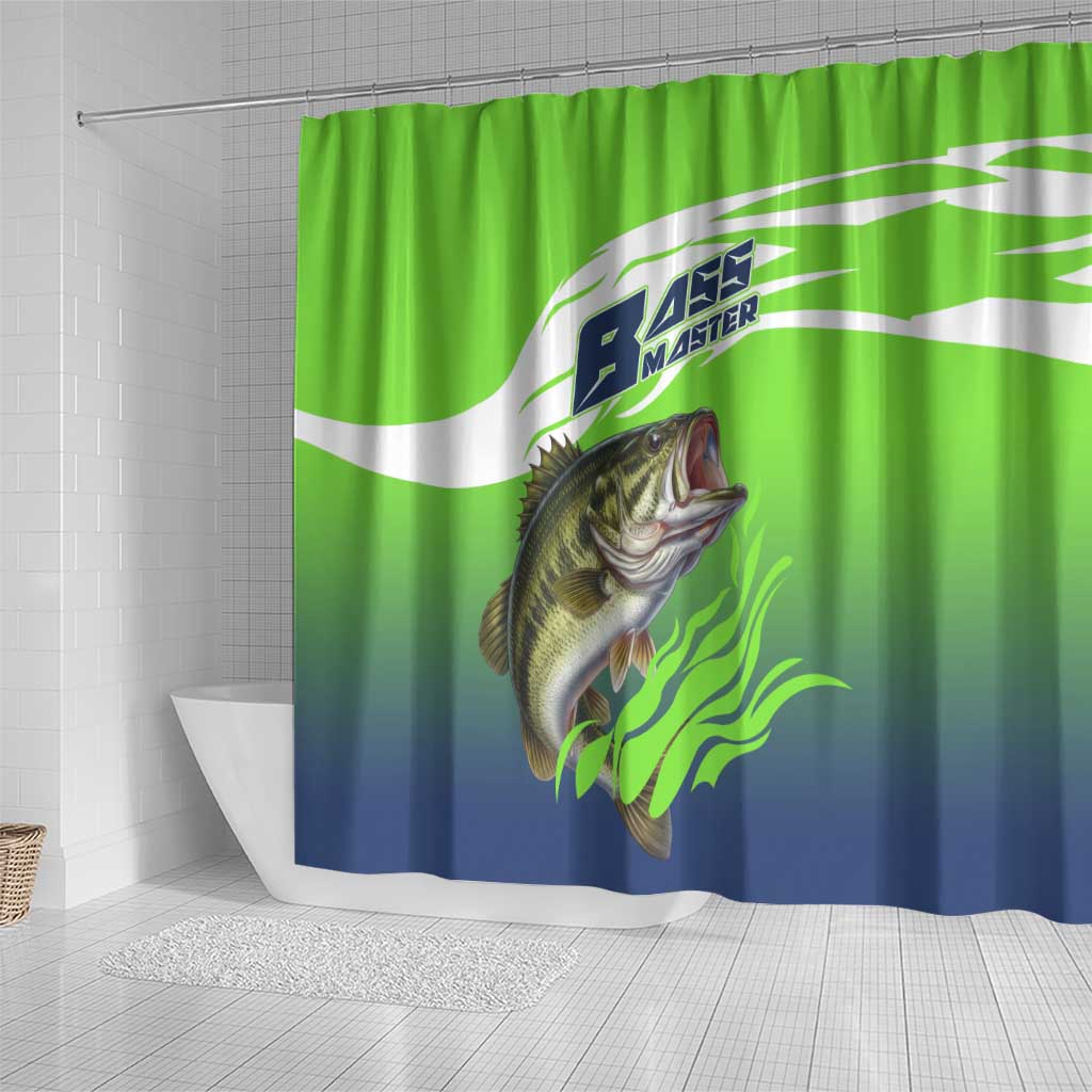 Bass Master Fishing Shower Curtain with Jumping Largemouth Bass and Green Wave Pattern - Wonder Print Shop