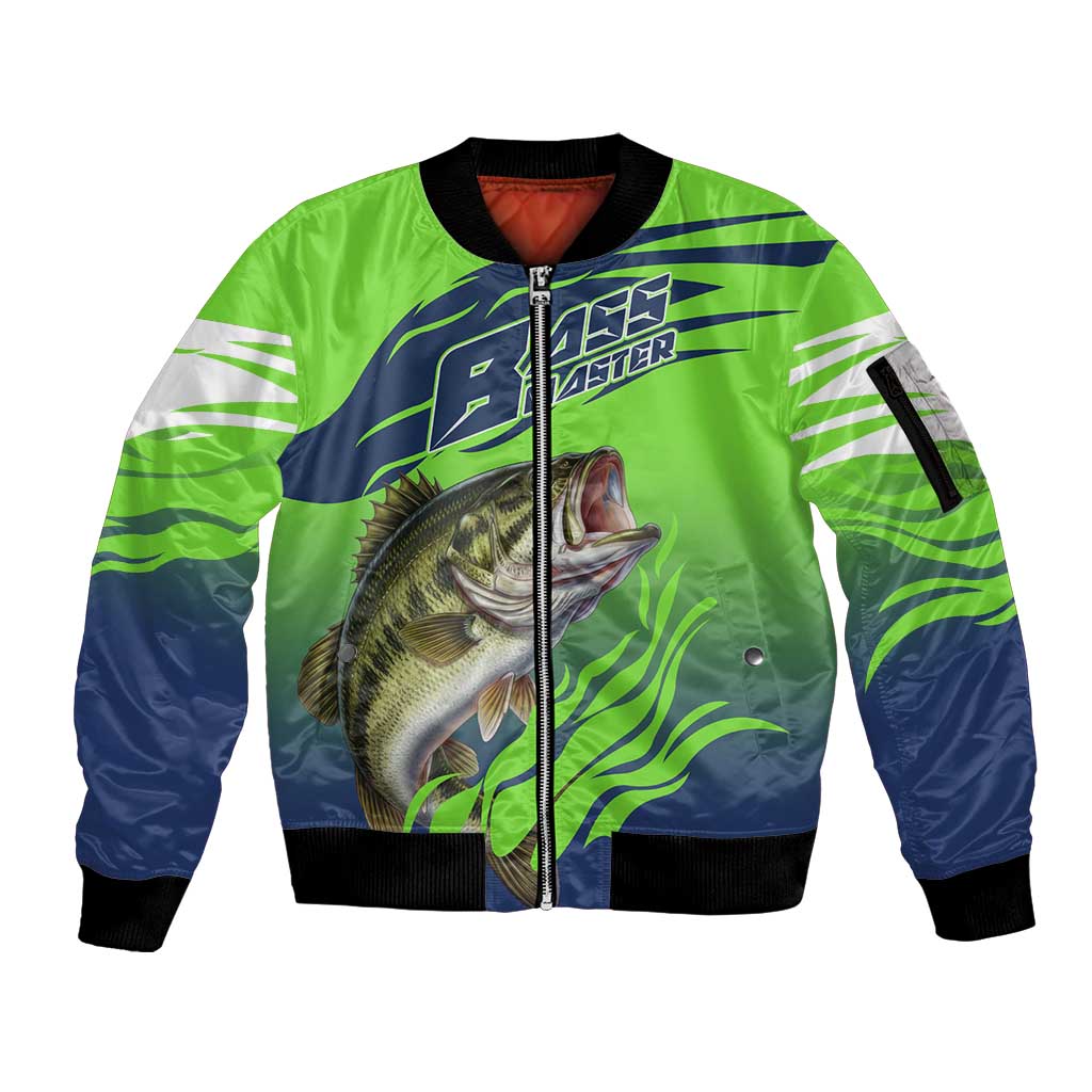 Bass Master Fishing Sleeve Zip Bomber Jacket with Jumping Largemouth Bass and Green Wave Pattern - Wonder Print Shop
