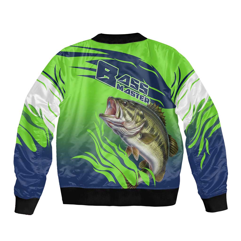 Bass Master Fishing Sleeve Zip Bomber Jacket with Jumping Largemouth Bass and Green Wave Pattern - Wonder Print Shop