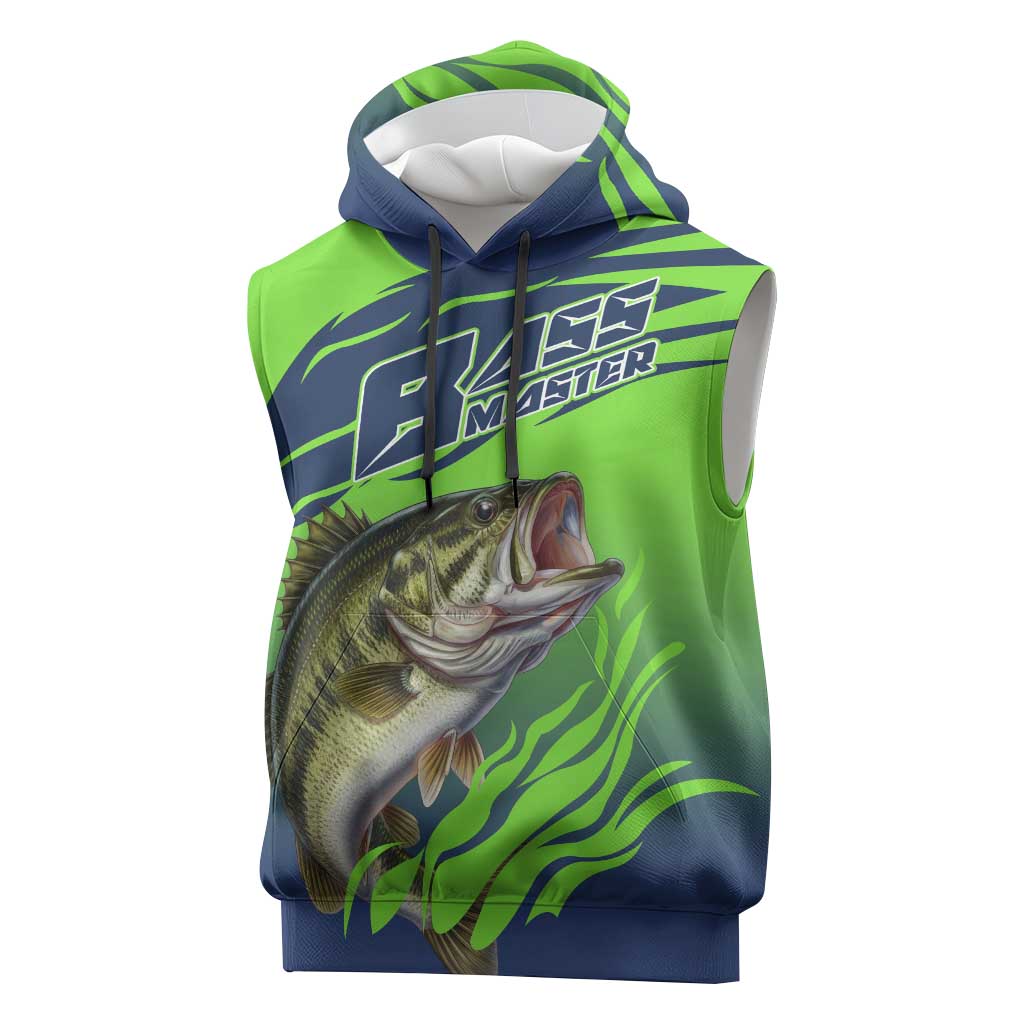 Bass Master Fishing Sleeveless Hoodie with Jumping Largemouth Bass and Green Wave Pattern - Wonder Print Shop