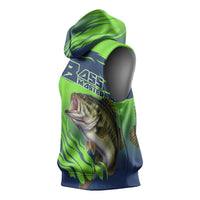 Bass Master Fishing Sleeveless Hoodie with Jumping Largemouth Bass and Green Wave Pattern - Wonder Print Shop