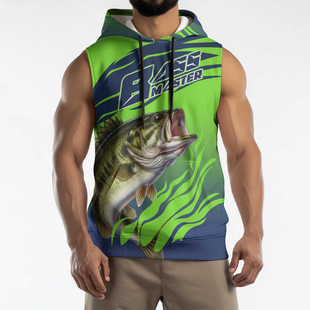 Bass Master Fishing Sleeveless Hoodie with Jumping Largemouth Bass and Green Wave Pattern - Wonder Print Shop