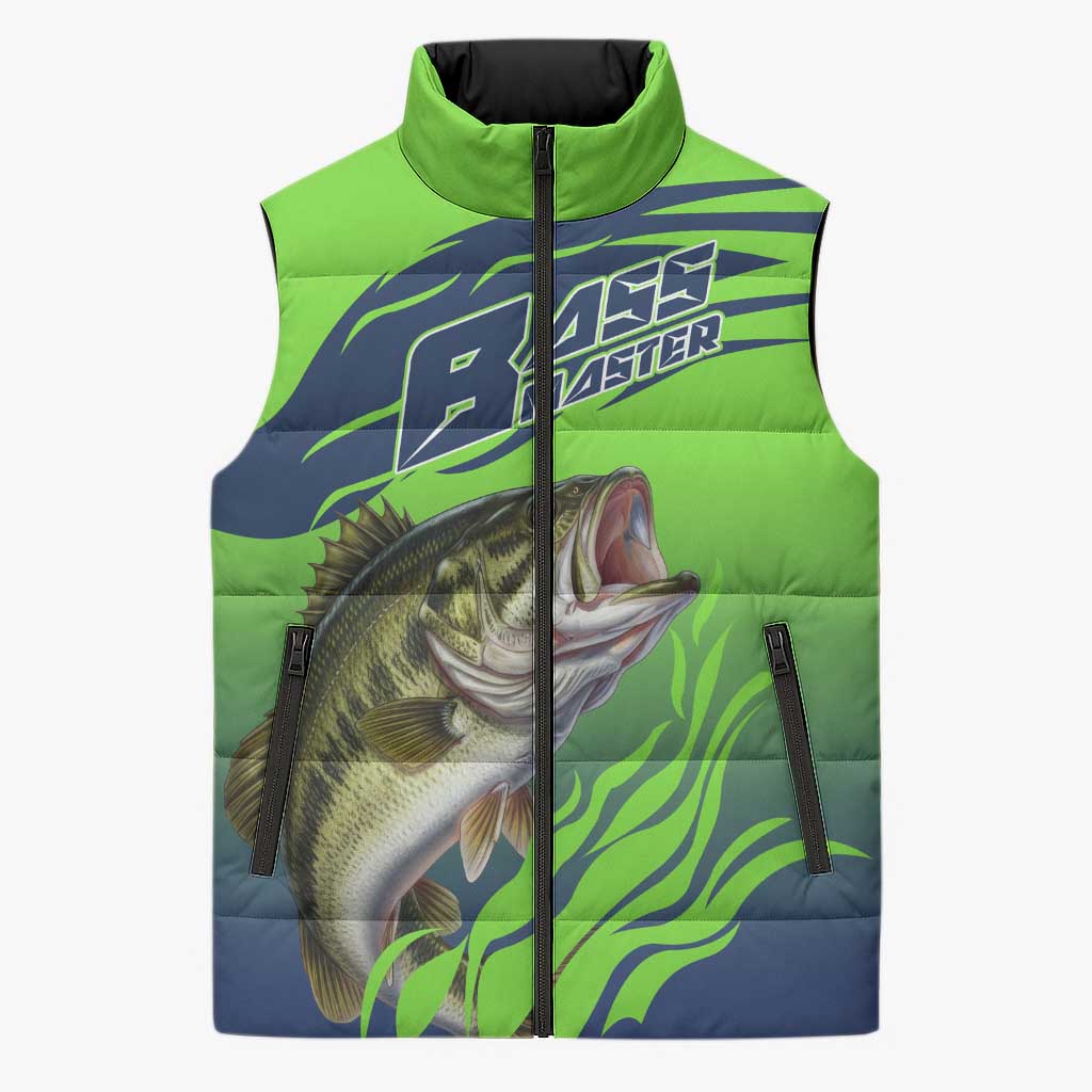 Bass Master Fishing Sleeveless Puffer Jacket with Jumping Largemouth Bass and Green Wave Pattern - Wonder Print Shop