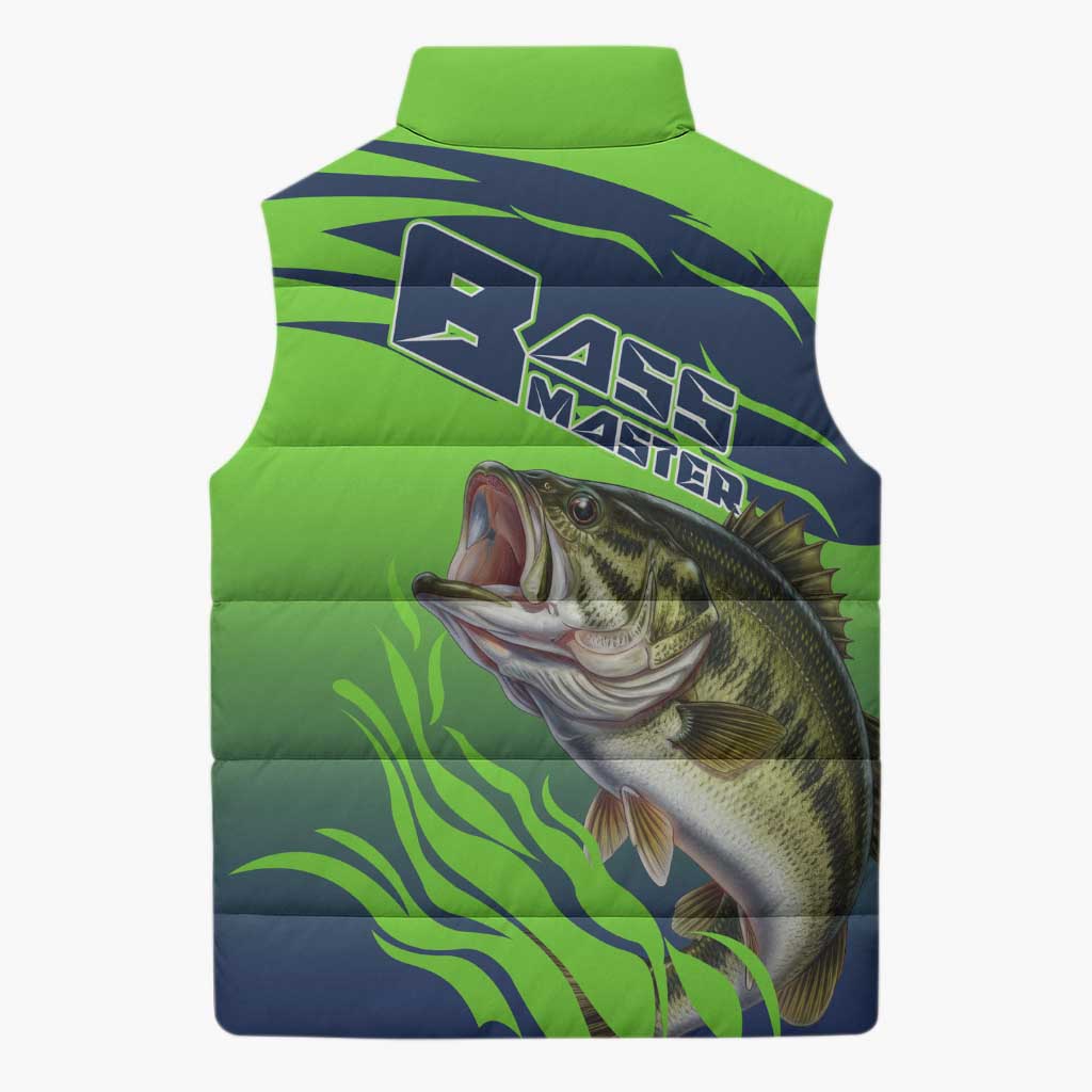 Bass Master Fishing Sleeveless Puffer Jacket with Jumping Largemouth Bass and Green Wave Pattern - Wonder Print Shop